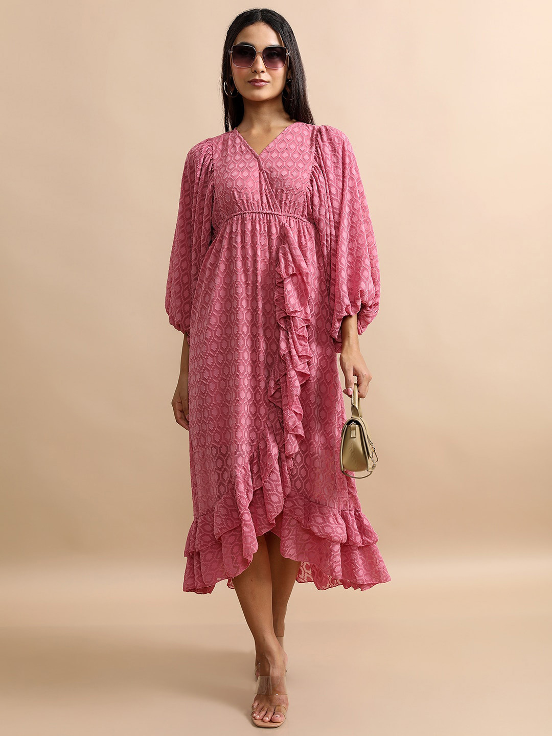 Tokyo Talkies Rose Self Design Ruffles A-Line Midi Dress