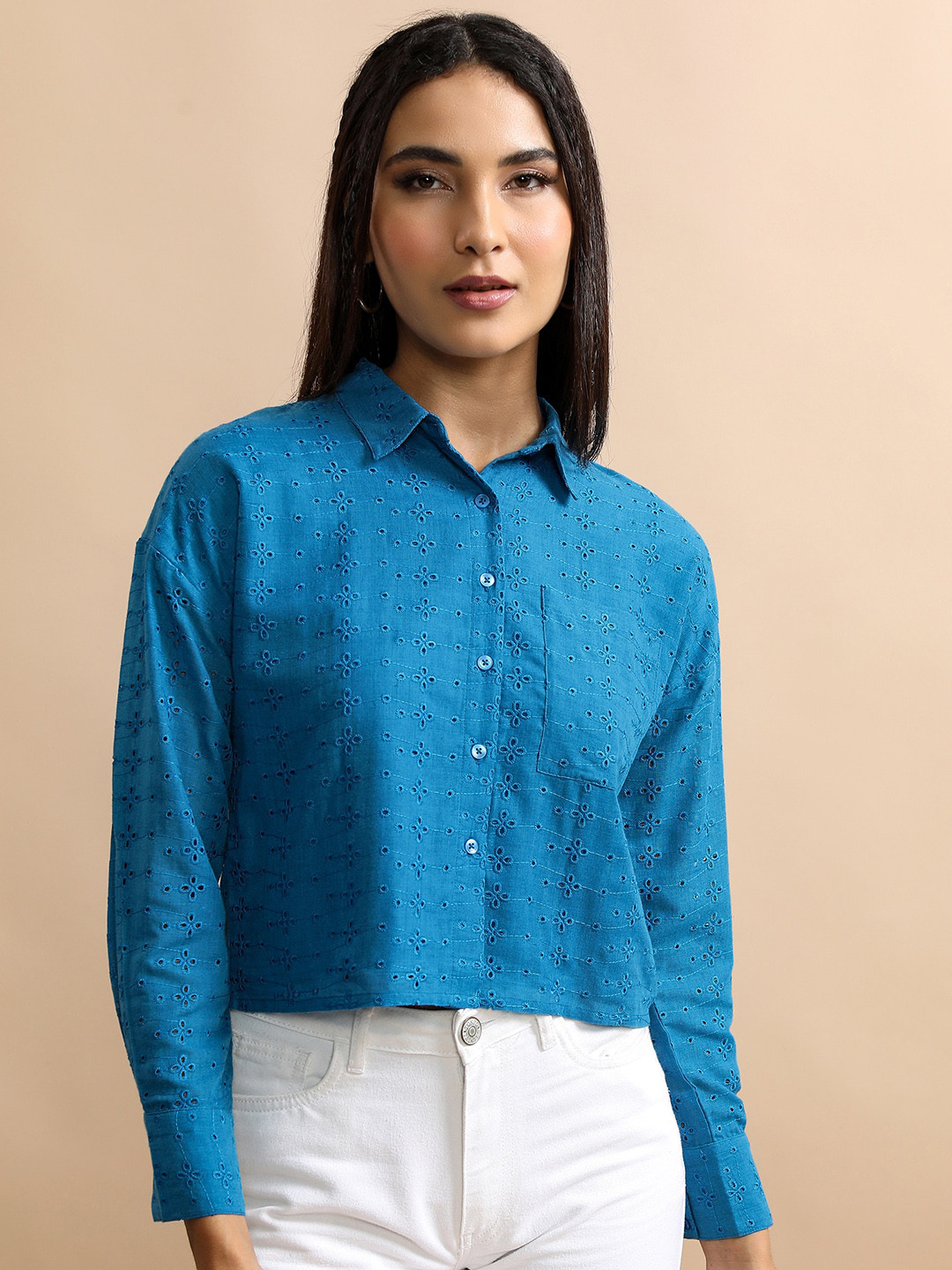 Tokyo Talkies Blue Self Designed Casual Shirt