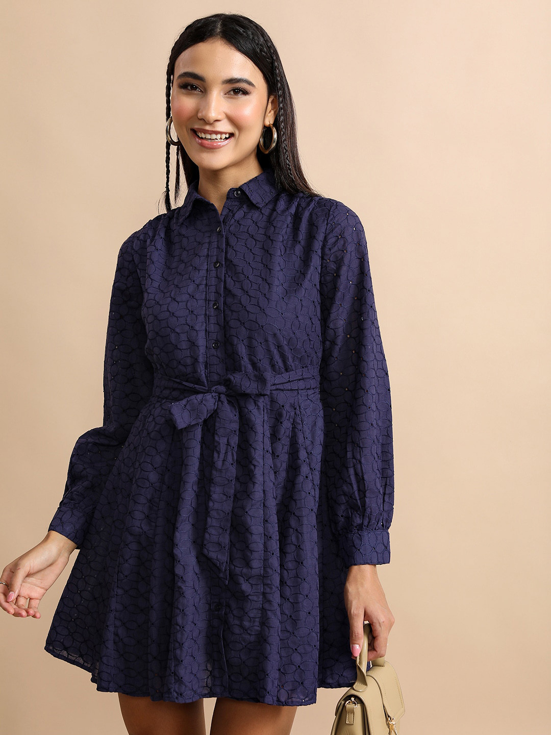 Tokyo Talkies Navy Blue Floral Self Design Shirt Collar Cuffed Sleeves Tie-Ups Shirt Dress