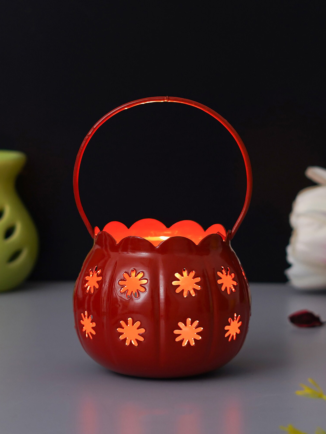 eCraftIndia Red Metal Decorative Tealight Candle Holder