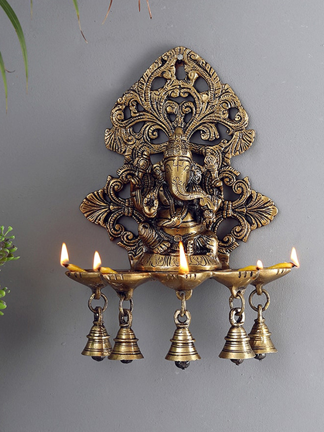 Two Moustaches Brown Brass Panchdeep Ganesha Hanging with Bells