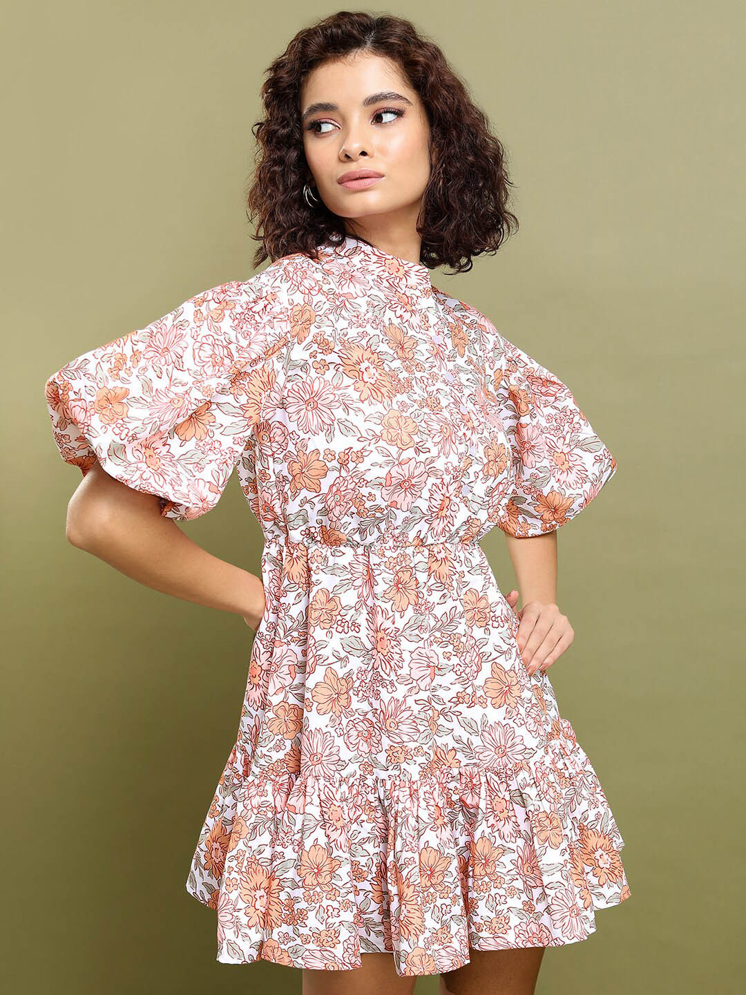 Tokyo Talkies Beige & Pink Floral Printed Pleated High Neck Puff Sleeve A-Line Dress