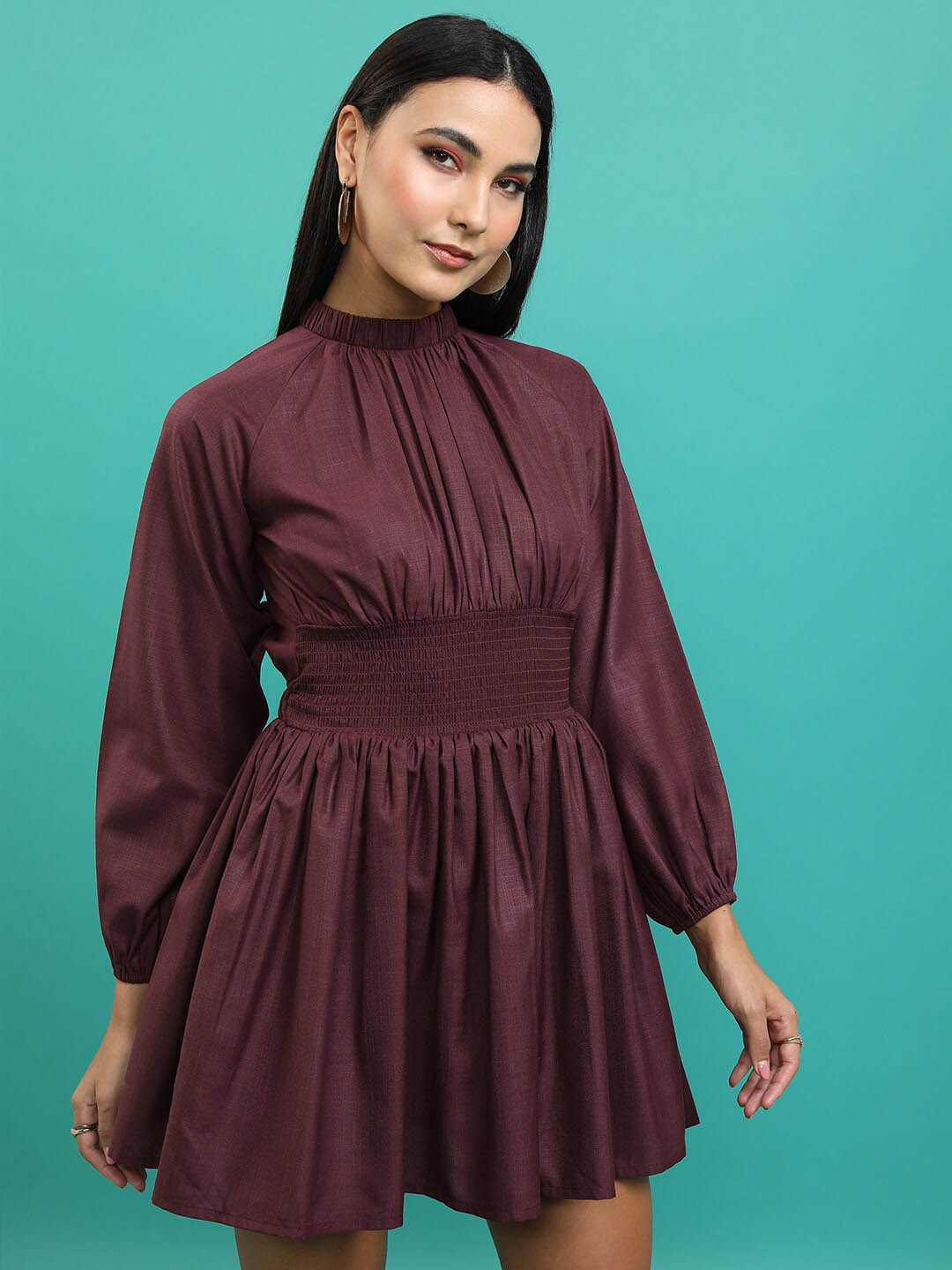 Tokyo Talkies Burgundy High Neck Puff Sleeves Gathered Detailed Fit & Flare Mini Dress