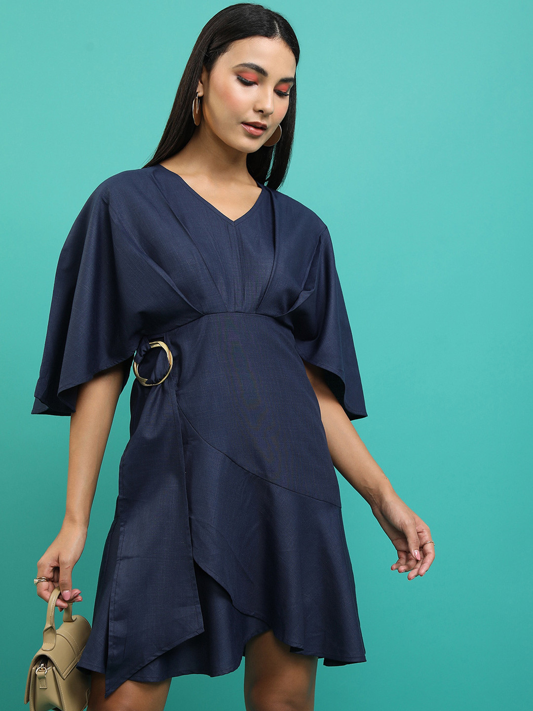 Tokyo Talkies Navy Blue Flared Sleeves Gathered Wrap Dress