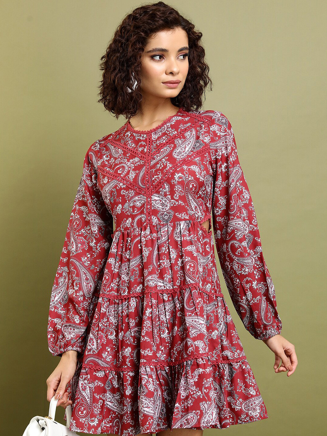 Tokyo Talkies Maroon Floral Printed Puff Sleeve A-Line Dress