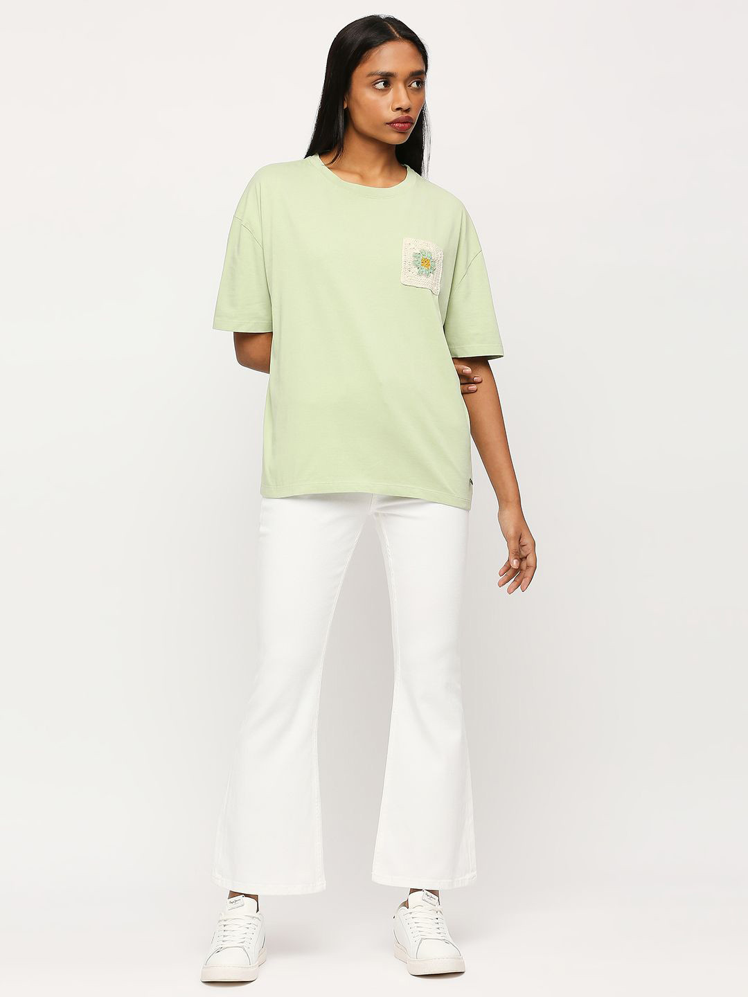 Pepe Jeans Crochet Patch Drop-Shoulder Sleeves Pure Cotton Longline Oversized T-shirt