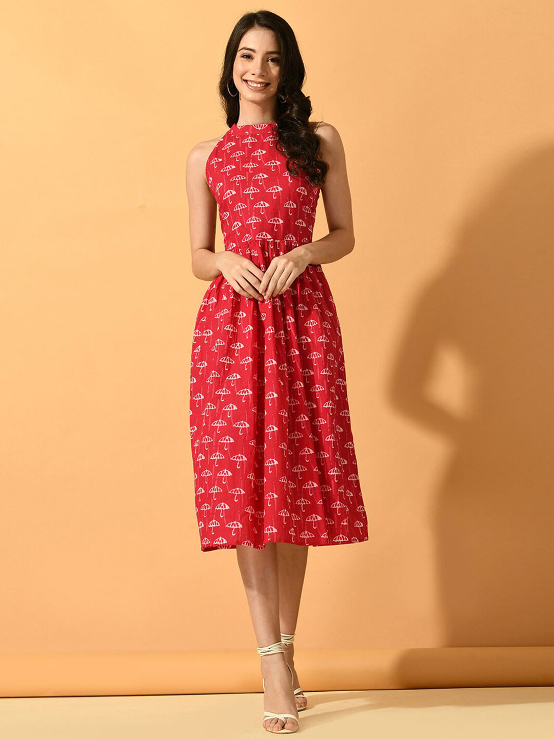 KALINI Conversational Printed Gathered Or Pleated Cotton Fit & Flare Midi Dress
