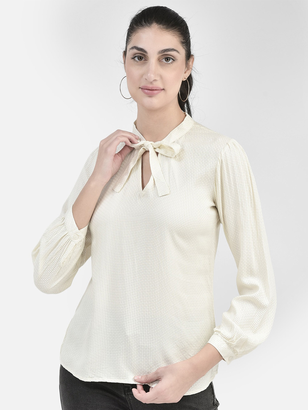 Crimsoune Club Tie-Up Neck Cuffed Sleeves Top