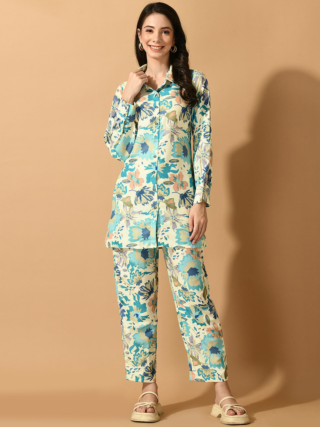 KALINI Floral Printed Linen Longline Shirt With Trousers Co-Ords