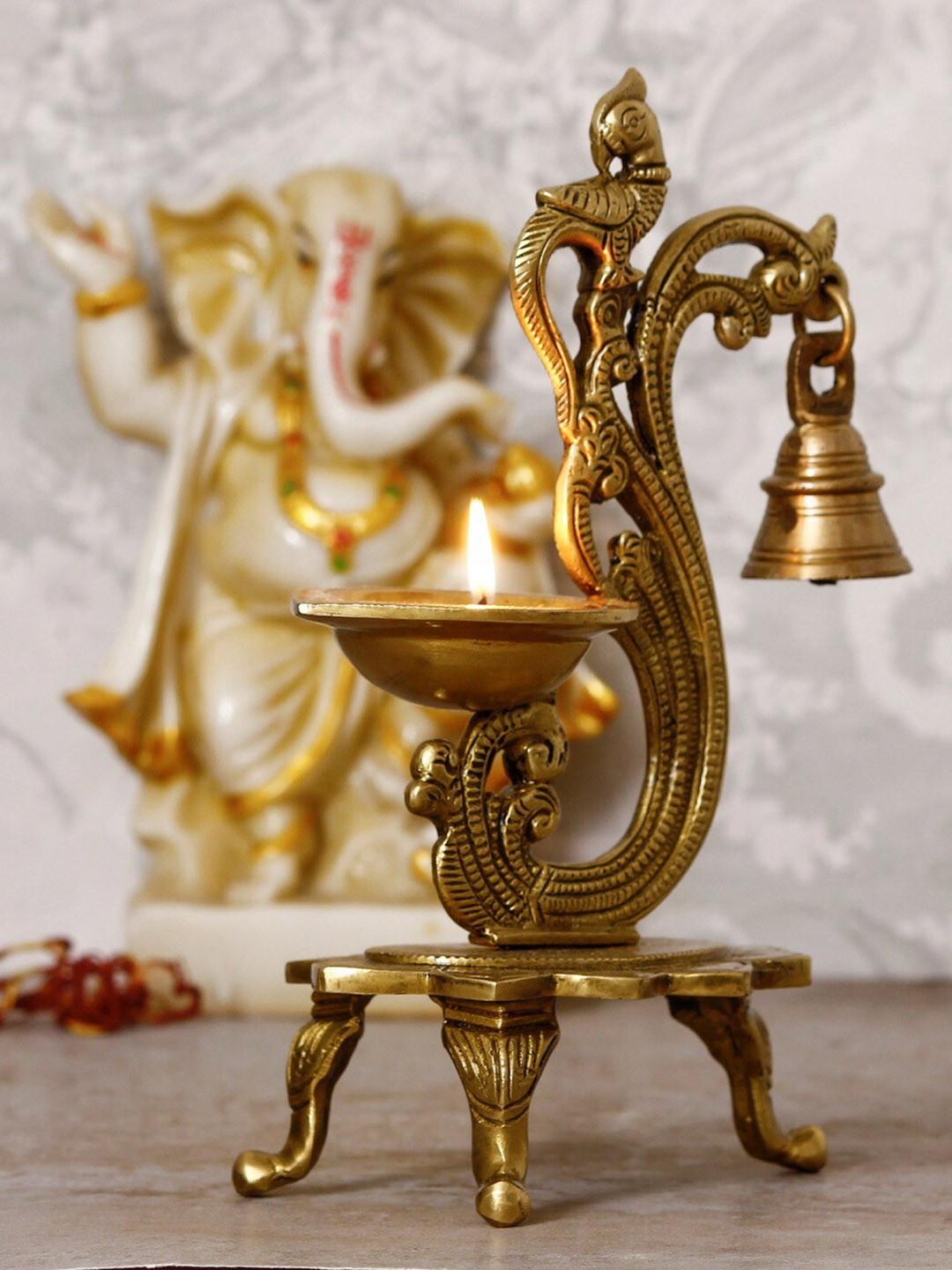 eCraftIndia Parrot Diya with Bells and Stand Gold Brass Metallic Prayer Room Hand-Crafted Medium Showpiece - 7.9 Inches