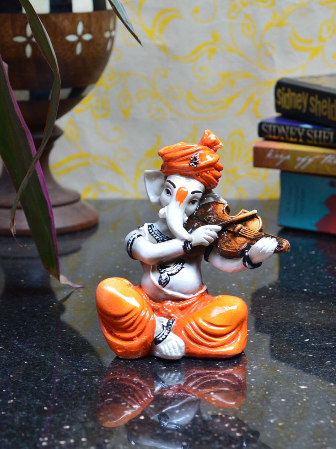 eCraftIndia Lord Ganesha Playing Violin White Polyresin Glossy Prayer Room Small Showpiece - 5 Inches