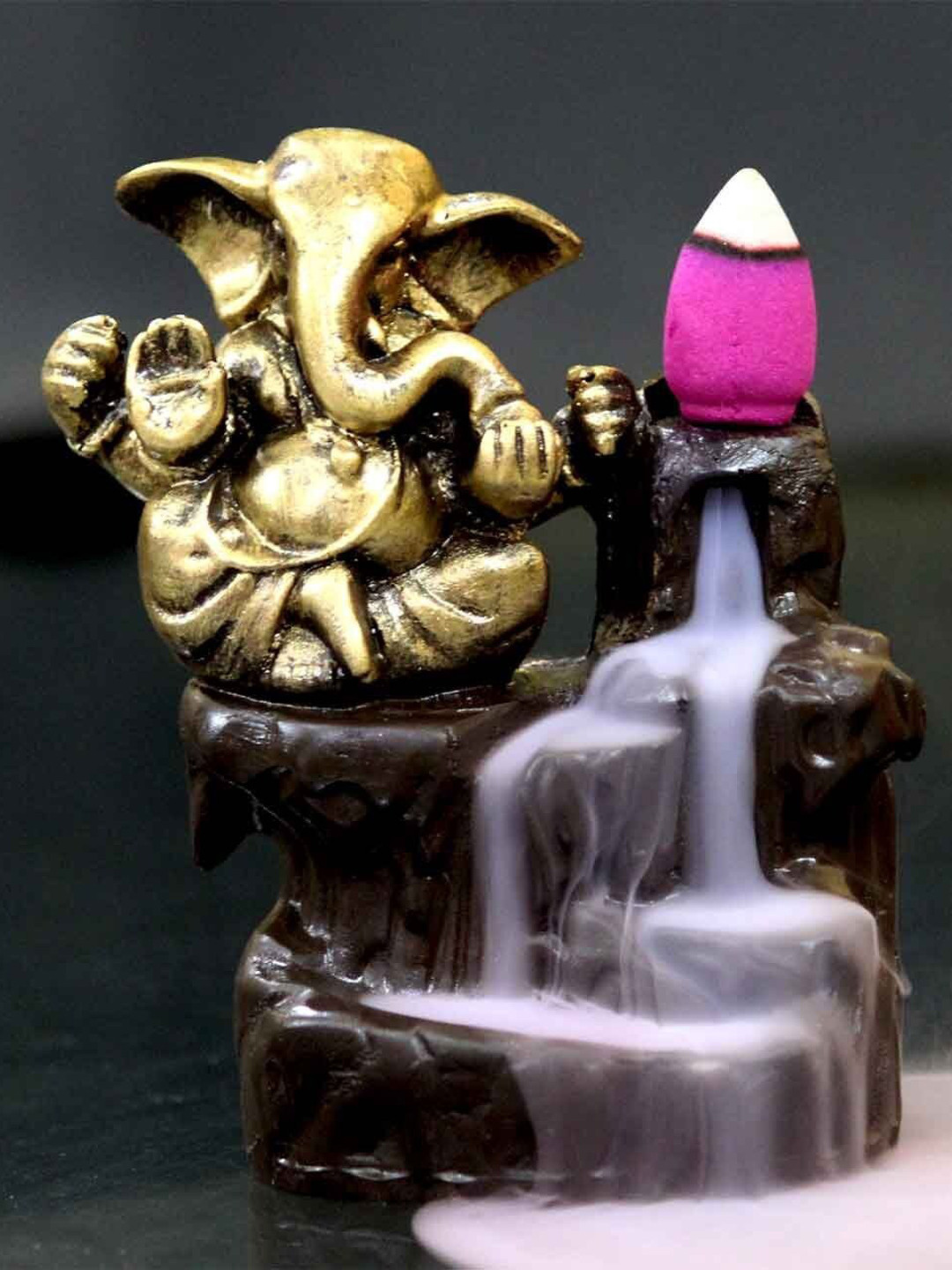 eCraftIndia Golden Lord Ganesha with 10 free Smoke Backflow Gold Polyresin Glossy Prayer Room Small Showpiece - 3.9 Inches