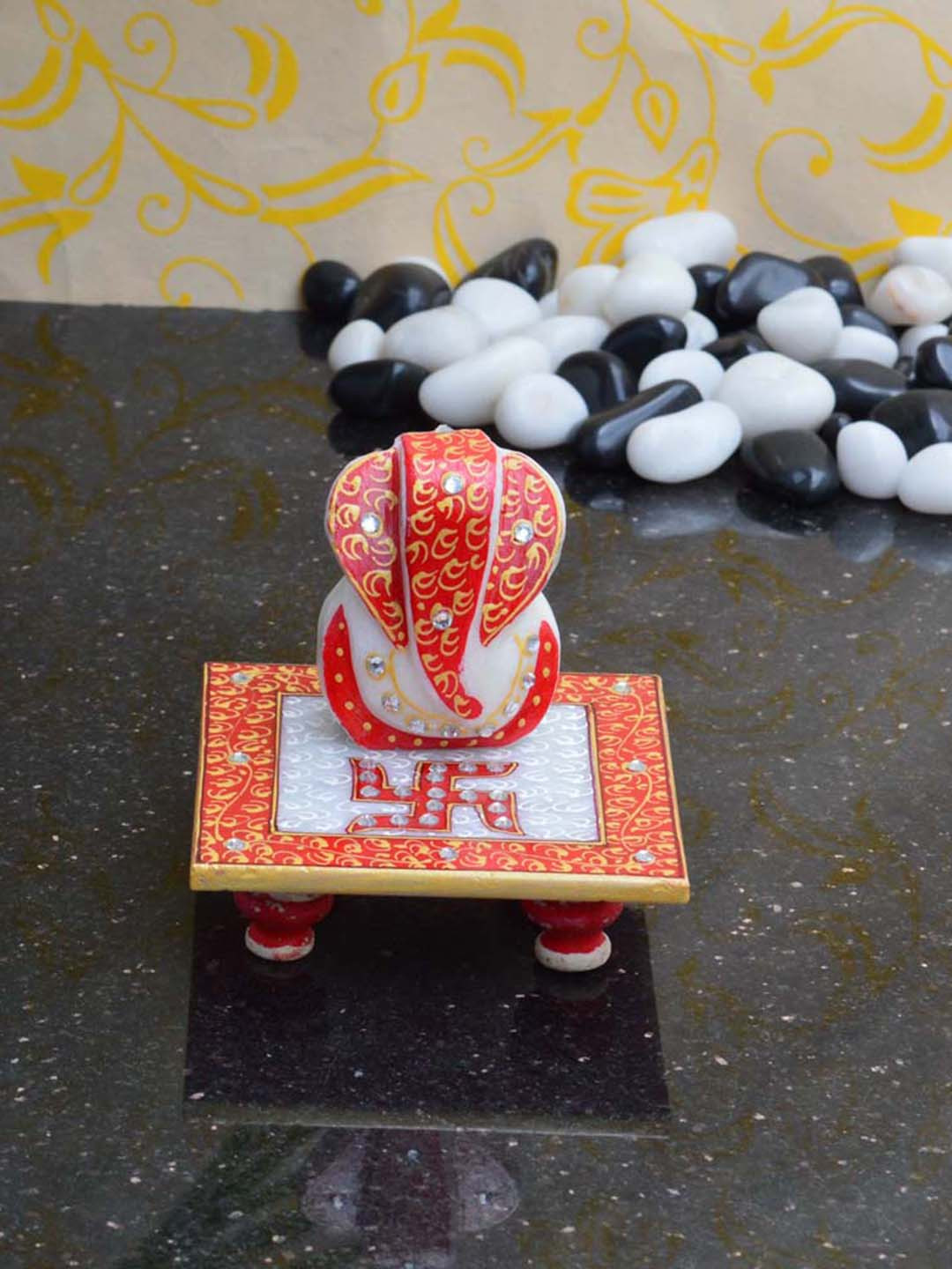 eCraftIndia Riddhi Siddhi with Swastik on Chowki Red Marble Matte Prayer Room Tiny Showpiece - 4 Inches