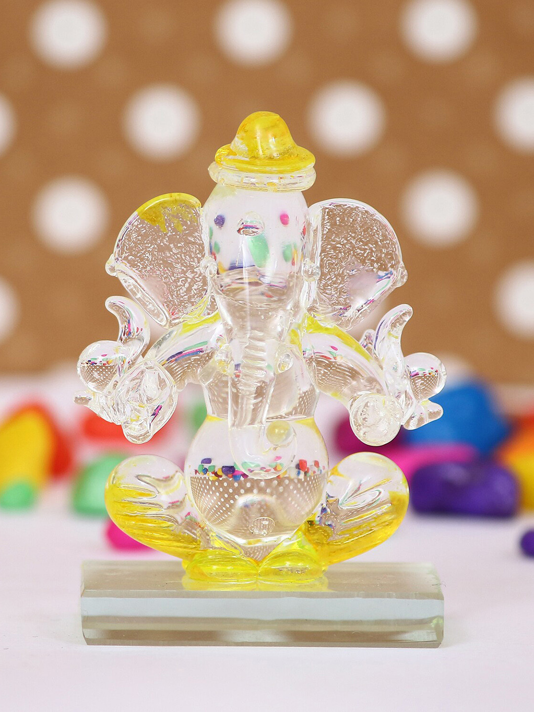 eCraftIndia Ganesha Yellow Crystal Mirrored Prayer Room Small Showpiece - 3.9 Inches