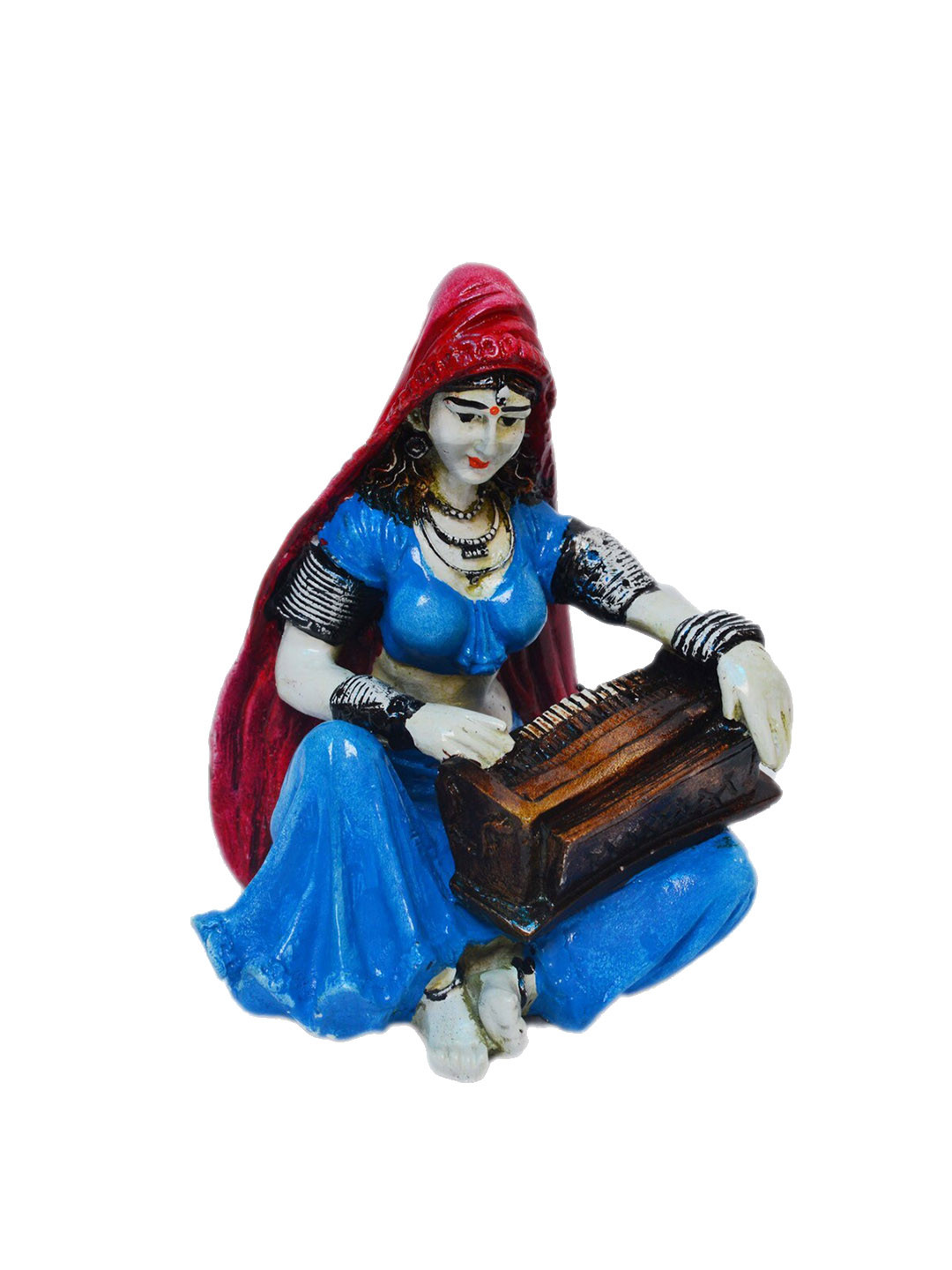 eCraftIndia Rajasthani Musician Lady Playing Harmonium Blue Polyresin Natural Living Room Hand-Crafted Small Showpiece - 6 Inches