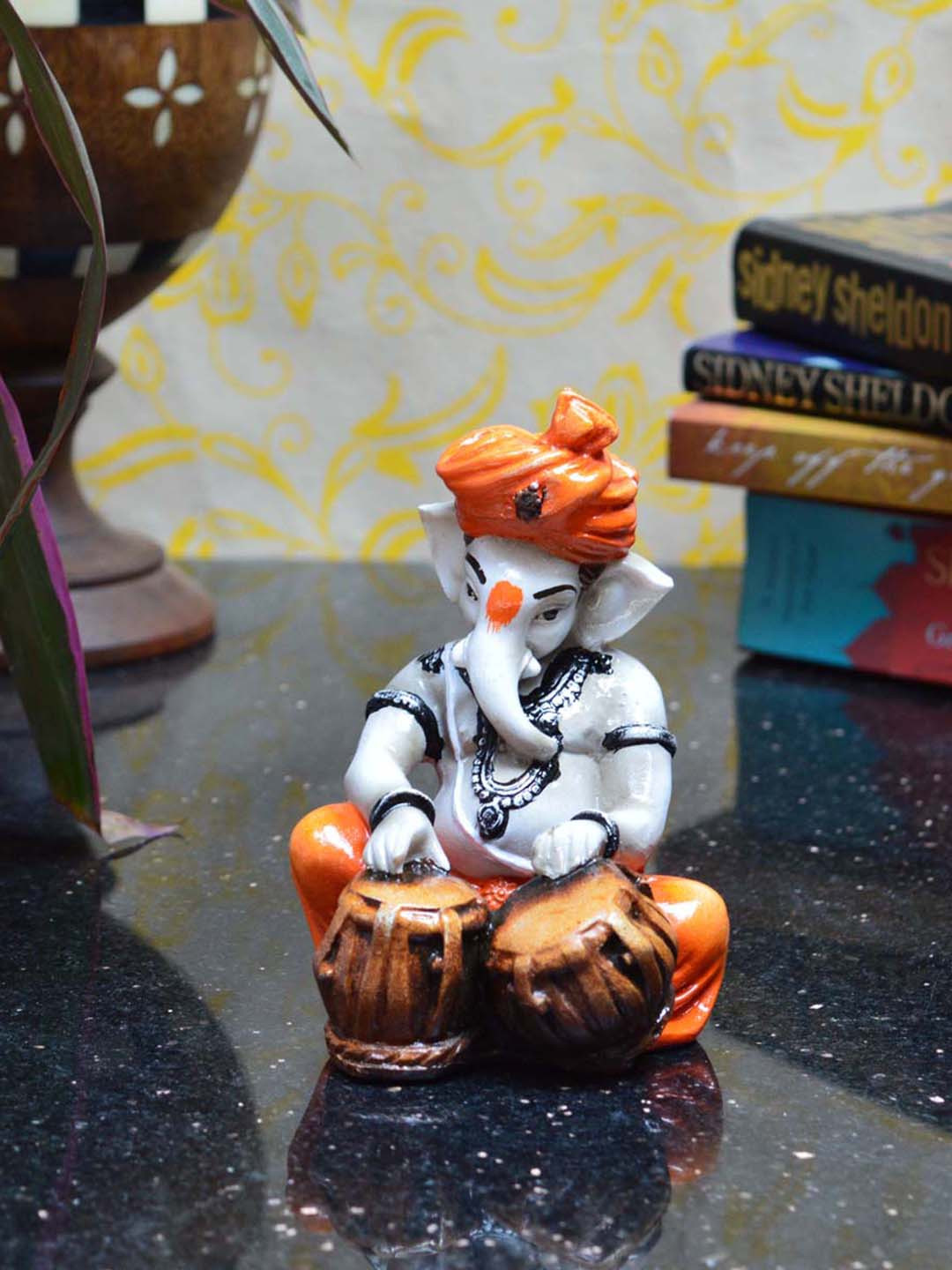 eCraftIndia Lord Ganesha Playing Tabla White Polyresin Natural Prayer Room Small Showpiece - 3 Inches