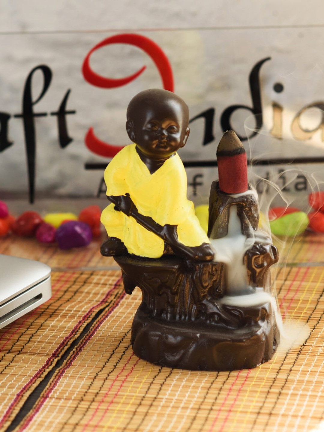 eCraftIndia Monk Buddha Smoke Backflow Cone incense Holder Brown Polyresin Glossy Prayer Room Small Showpiece - 3.9 Inches
