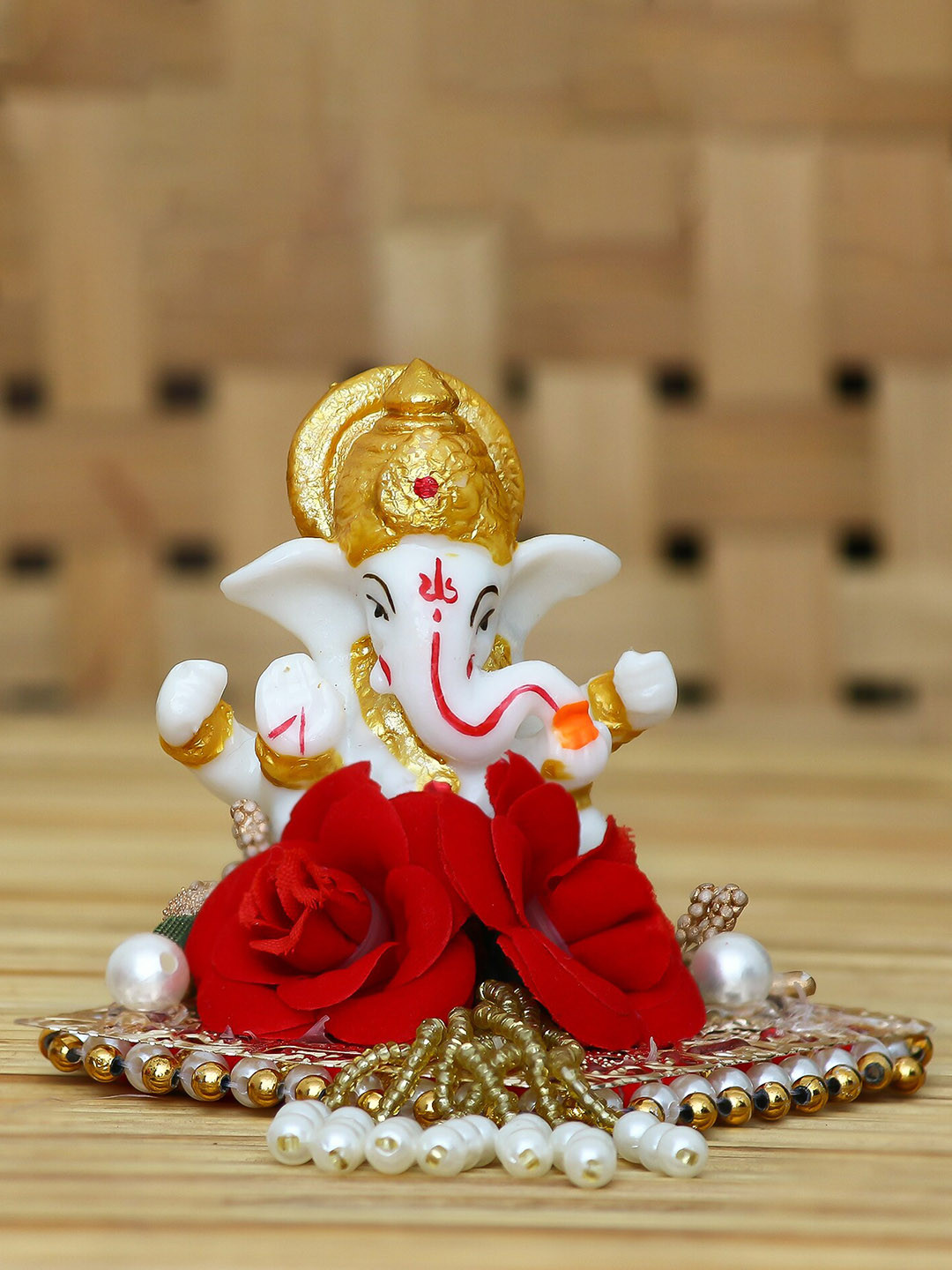 eCraftIndia Lord Ganesha on Decorative Plate White Polyresin Matte Prayer Room Hand-Crafted Small Showpiece - 3 Inches