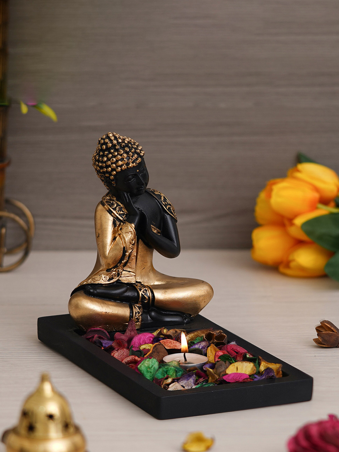 eCraftIndia Thinking Buddha Gold Polyresin Natural Prayer Room Hand-Crafted Small Showpiece - 2.6 Inches