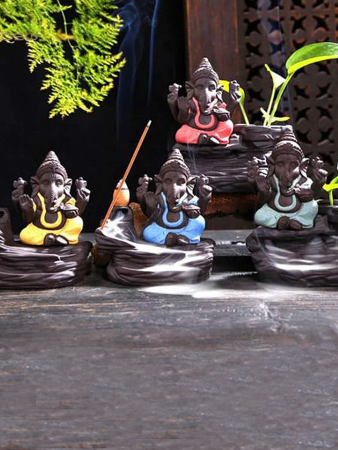 eCraftIndia Lord Ganesha with 10 free Smoke Backflow Brown Polyresin Matte Prayer Room Small Showpiece - 3.9 Inches