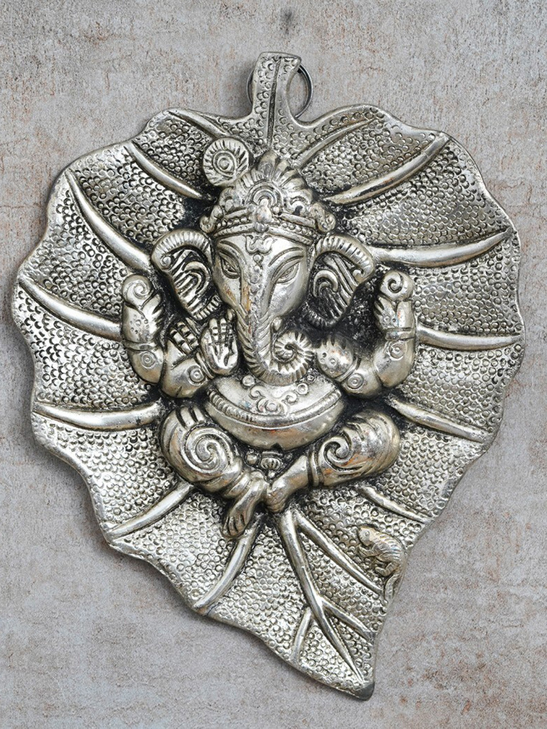 eCraftIndia Lord Ganesha on Leaf Silver Metal Metallic Prayer Room Small Showpiece - 3.9 Inches