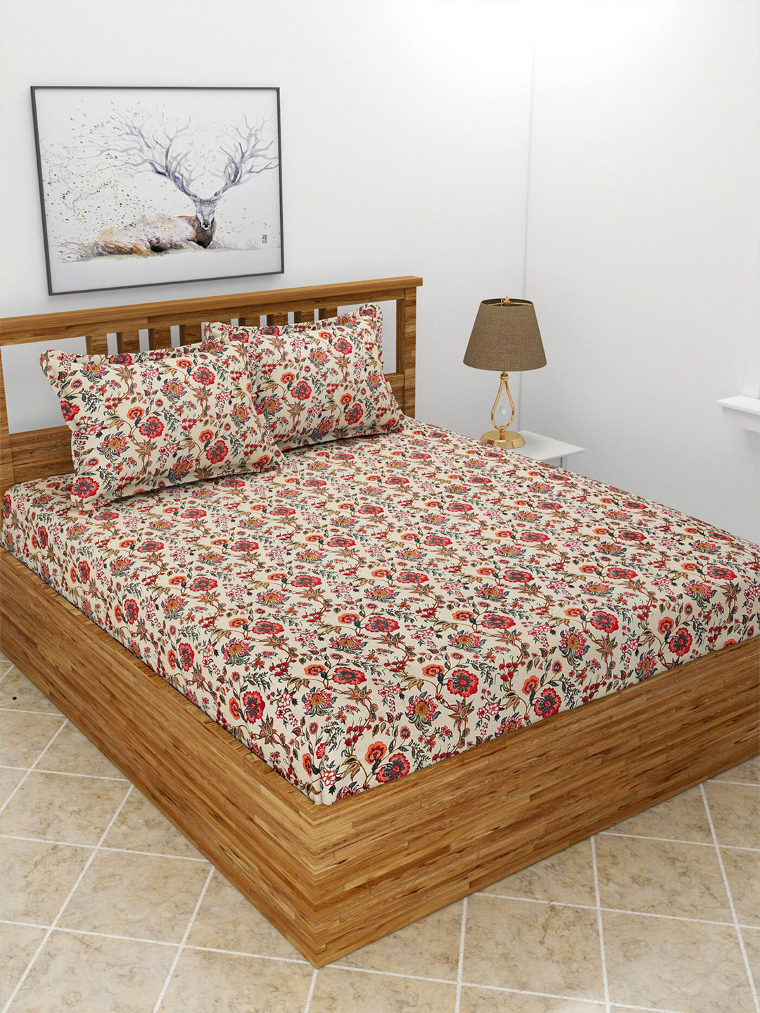 MORADO Maple Red Floral Polycotton 210 TC Queen Fine Bedsheet with 2 Pillow Covers-90 x 100 inches