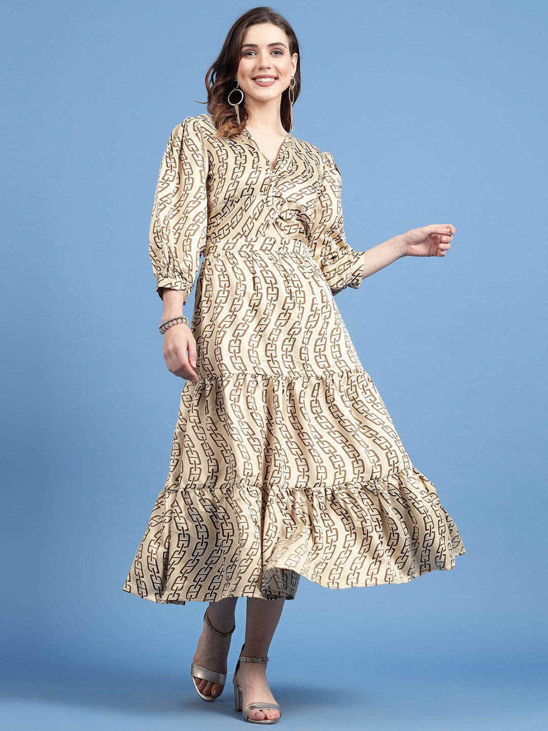 plusS Geometric Printed V-Neck Puff Sleeve Fit & Flare Dress