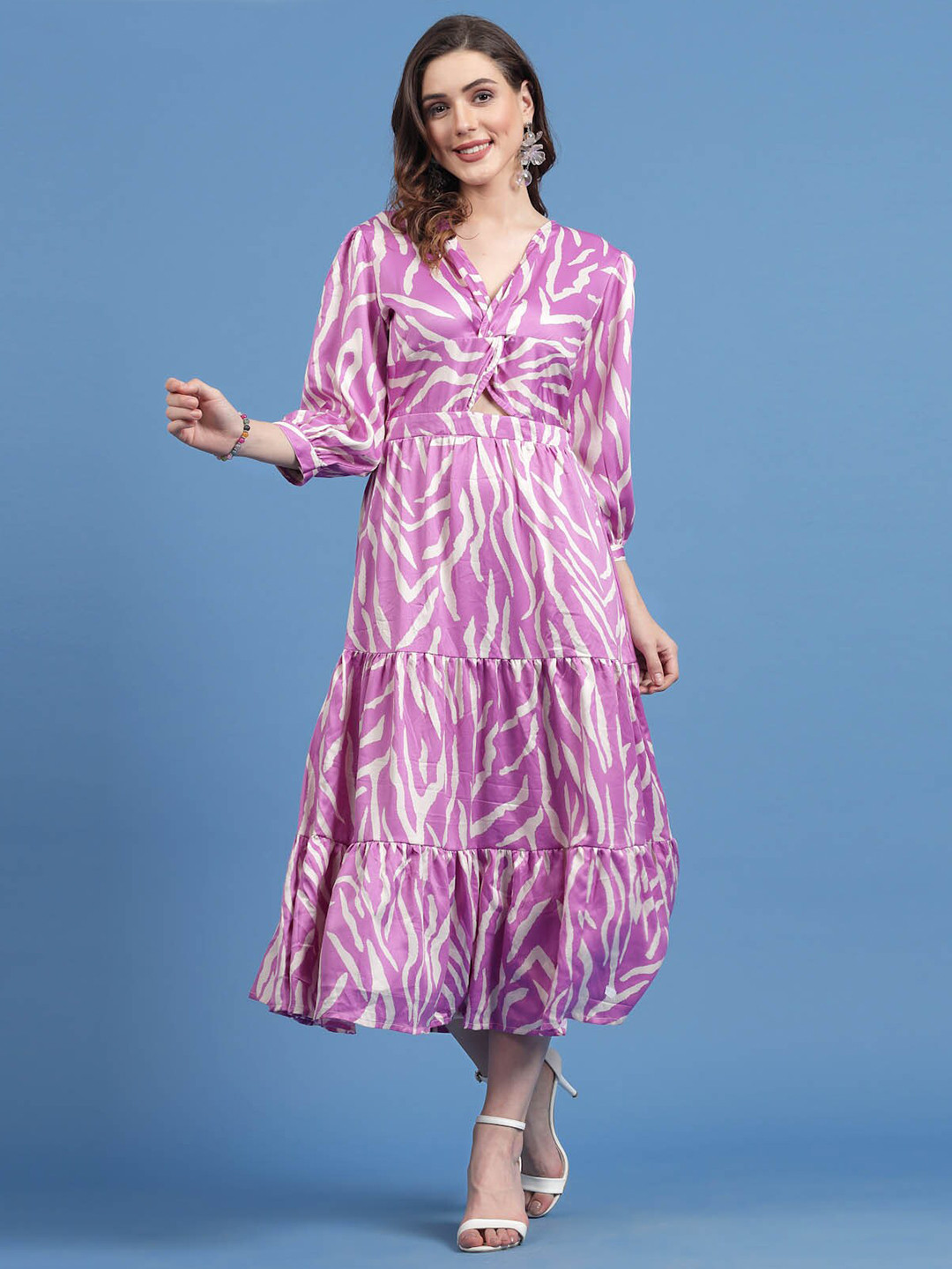 plusS Violet Abstract Printed Cut Outs Tiered A-Line Midi Dress