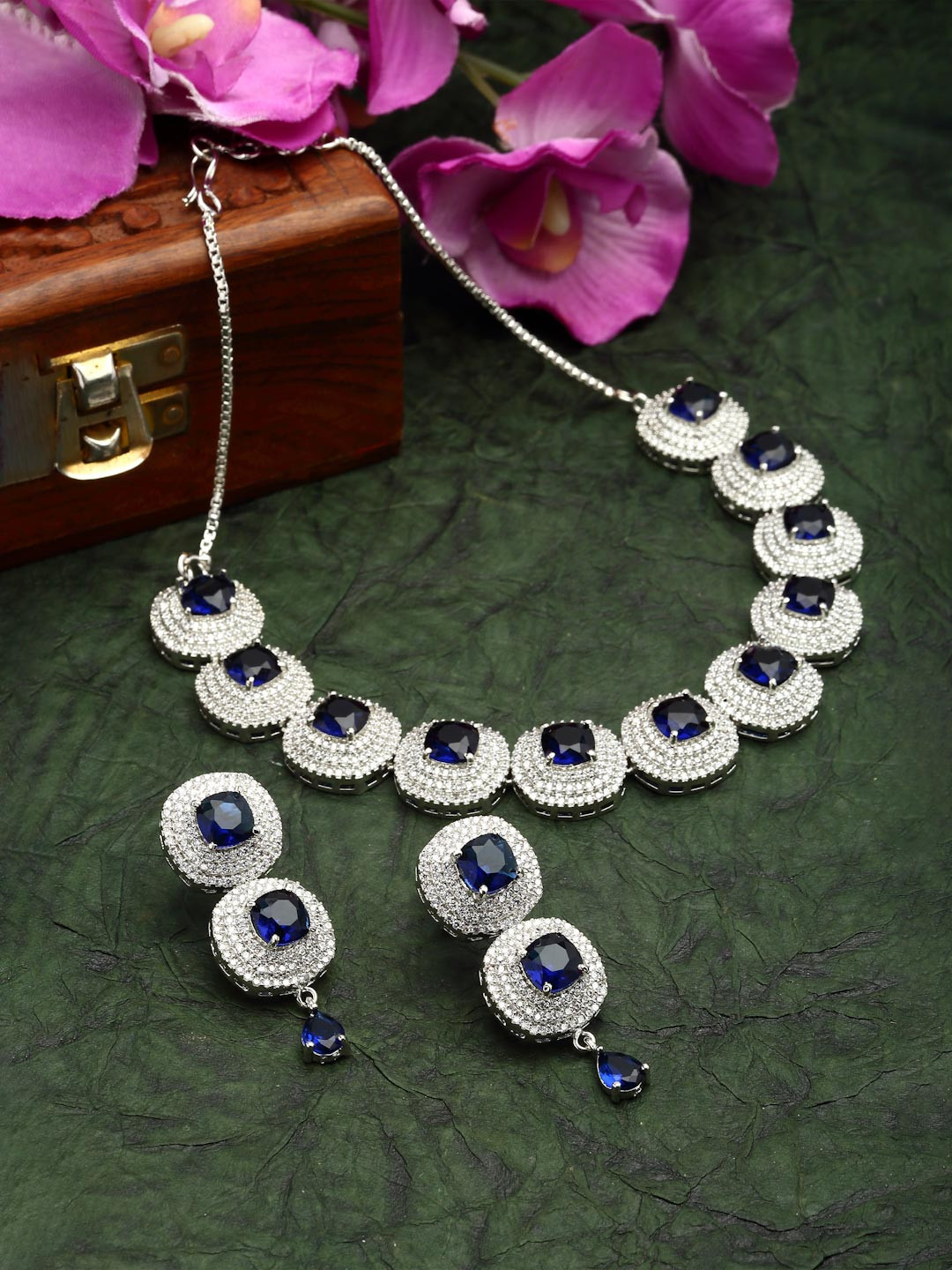 ZENEME Rhodium Plated Silver Toned Blue Square American Diamond Studded Necklace Set