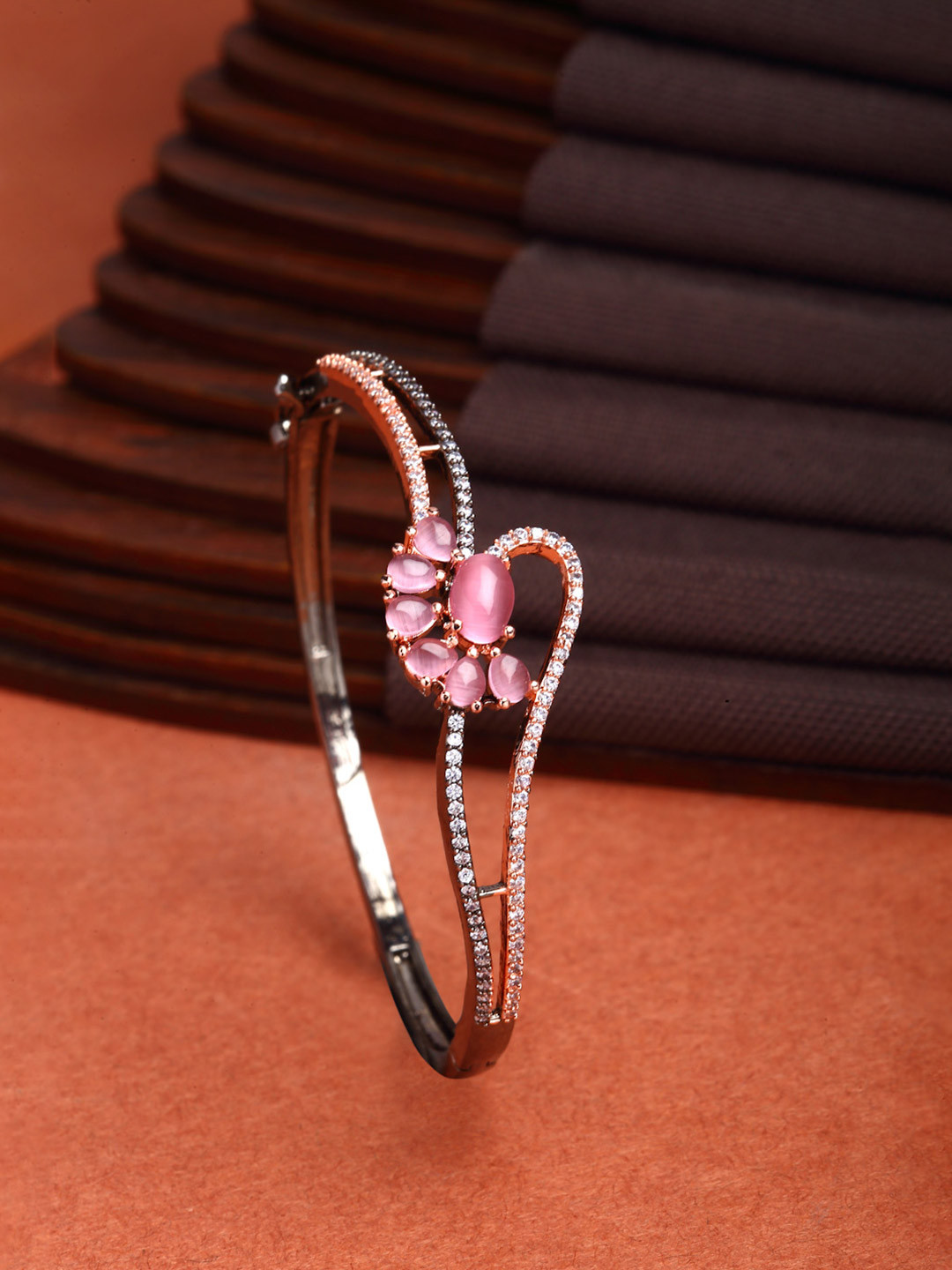 ZENEME Rose Gold Plated Gunmetal Toned Pink American Diamond Cuff Bracelet