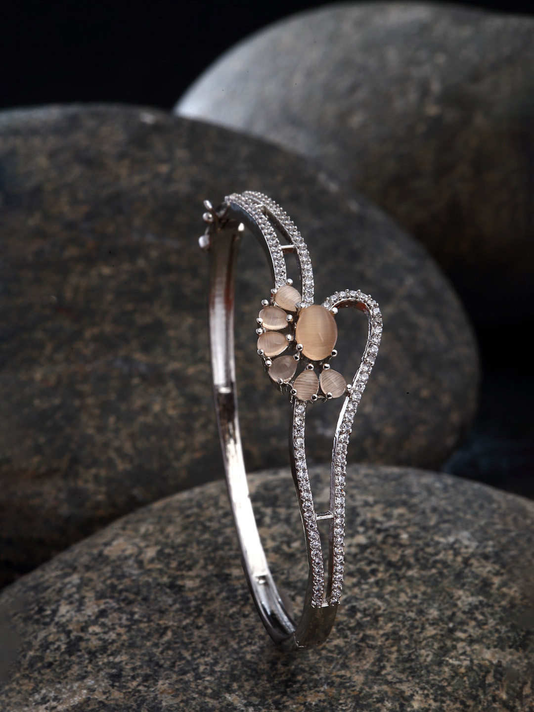 ZENEME Rhodium-Plated Orange American Diamond Cuff Bracelet