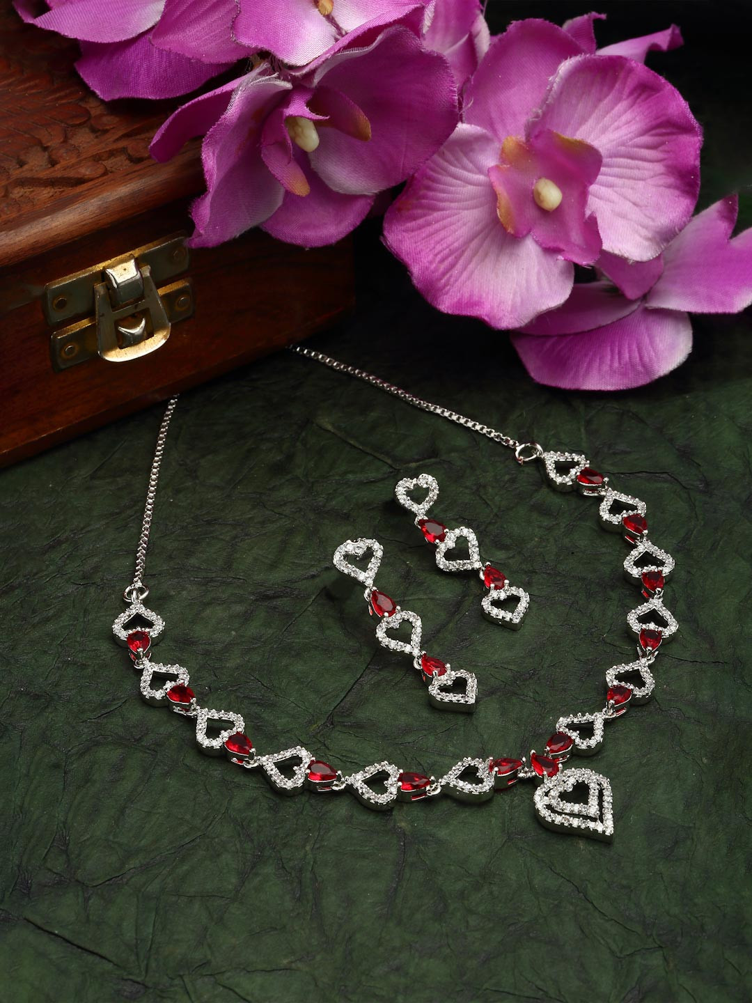 ZENEME Rhodium-Plated Silver Toned Red American Diamond Studded Heart Shaped Jewellery Set