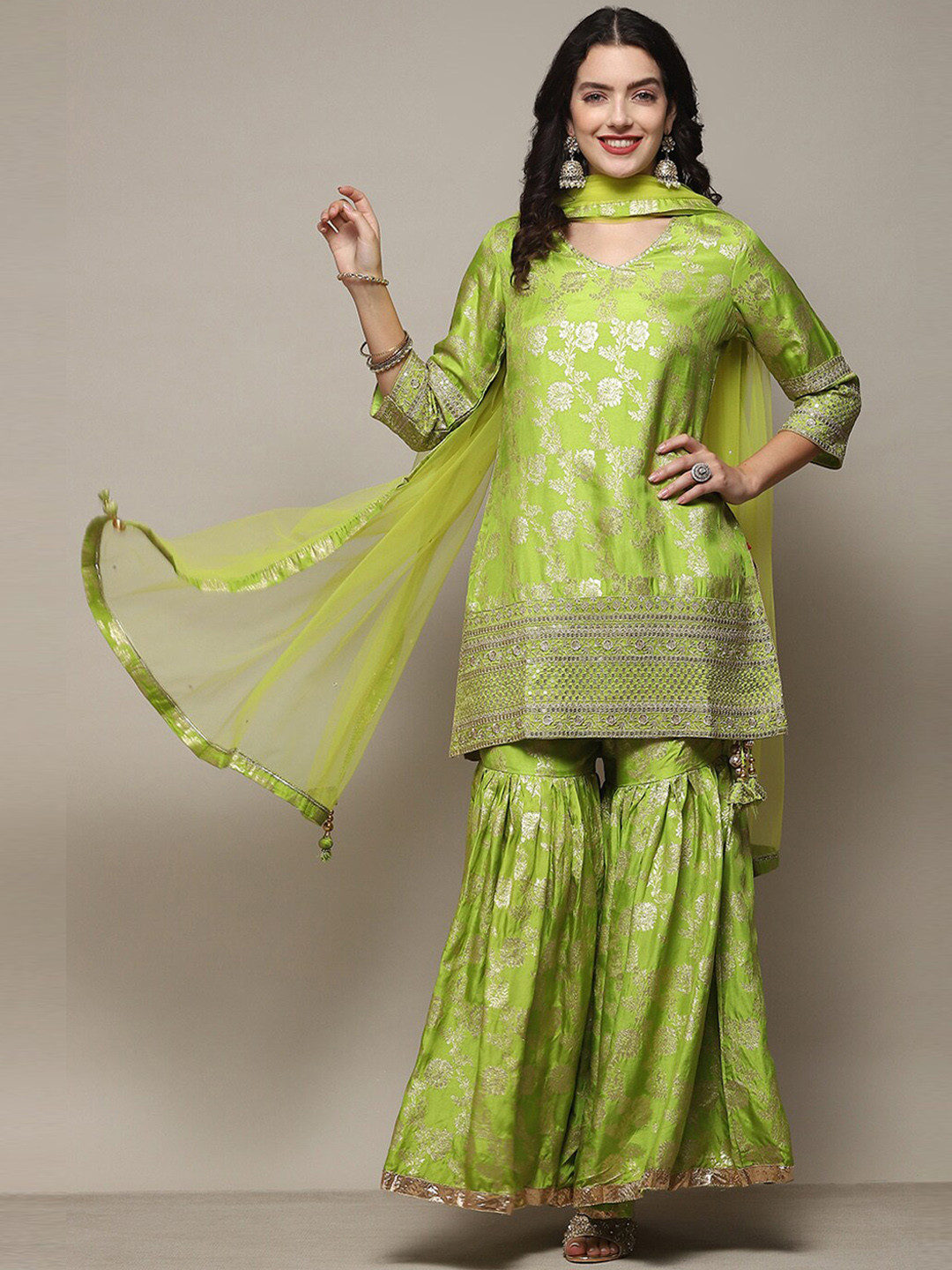 Biba Floral Woven Designed Regular Sequinned Kurta With Sharara & Dupatta