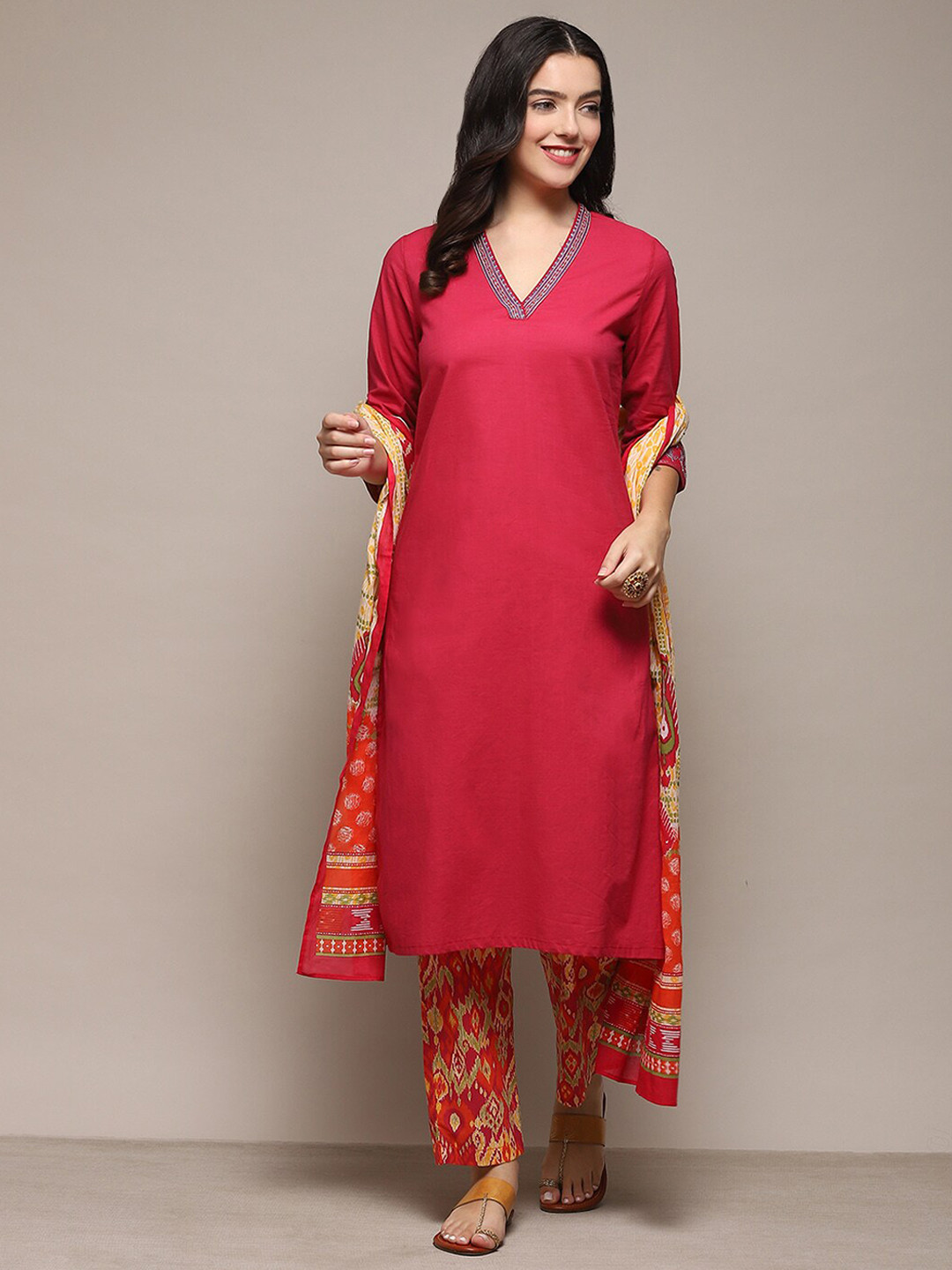 Biba Regular Thread Work Pure Cotton Kurta With Trousers & Dupatta