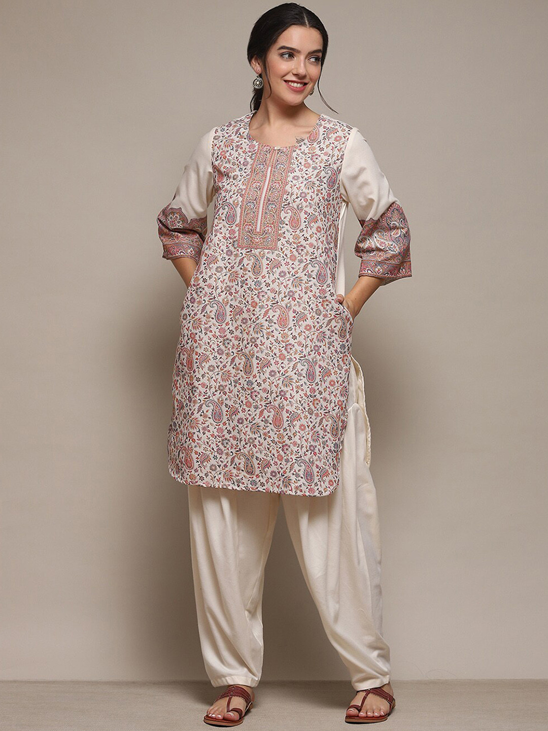 Biba Ethnic Motifs Printed Keyhole Neck Straight Kurta With Patiala