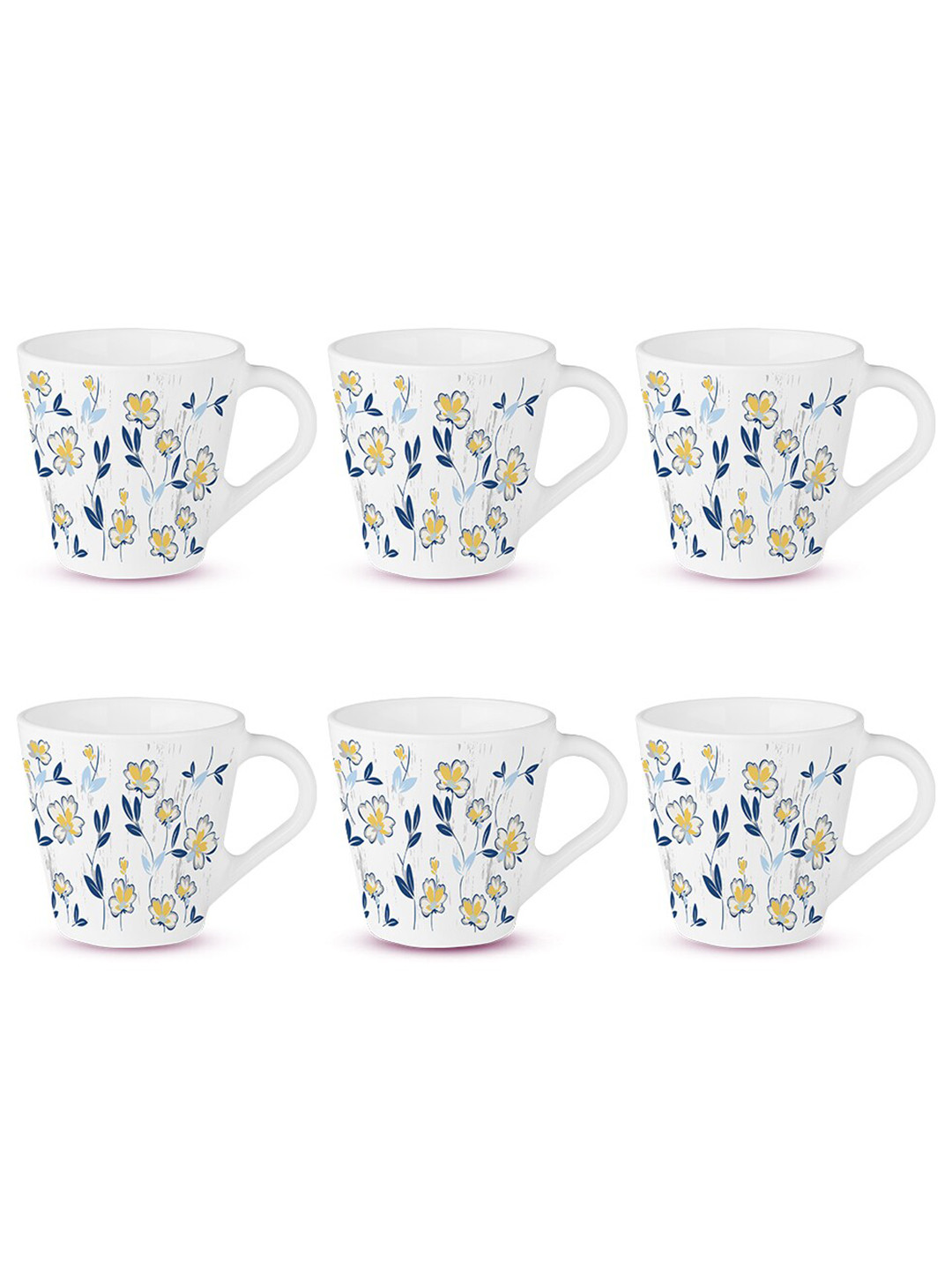 Larah by BOROSIL Amara 6 Pcs White & Blue Floral Printed Opalware Mugs - 160 ML Each
