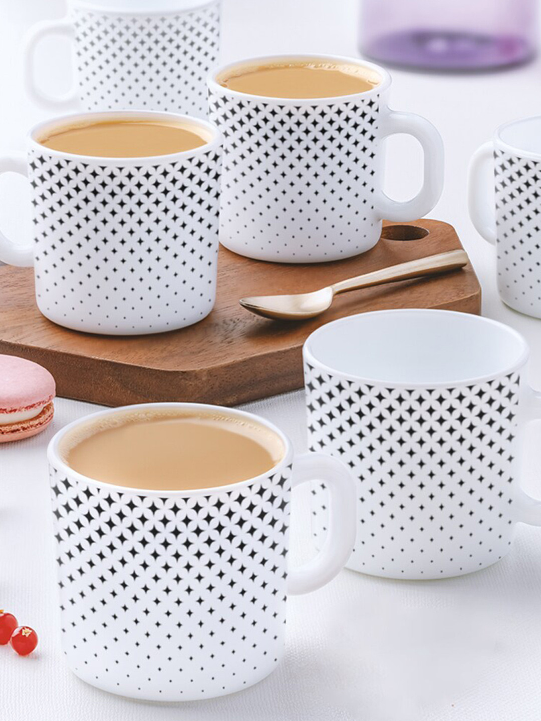 Larah by BOROSIL Nora 6 Pcs White & Black Geometric Printed Opalware Mugs - 180 ML Each
