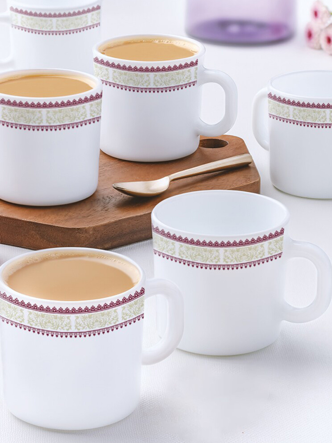 Larah by BOROSIL Personalized White Floral Opalware Microwave Safe 6 Piece Mugs-180ml