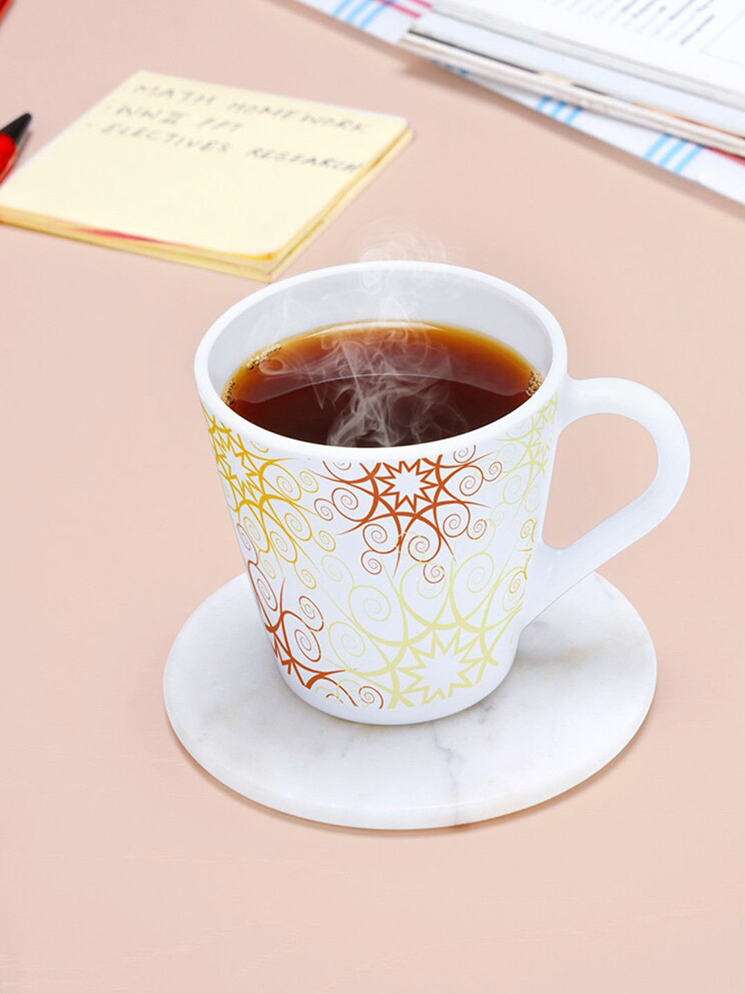 Larah by BOROSIL White & Yellow 6-Pieces Ethnic Motifs Printed Opalware Matte Mug 160 ml