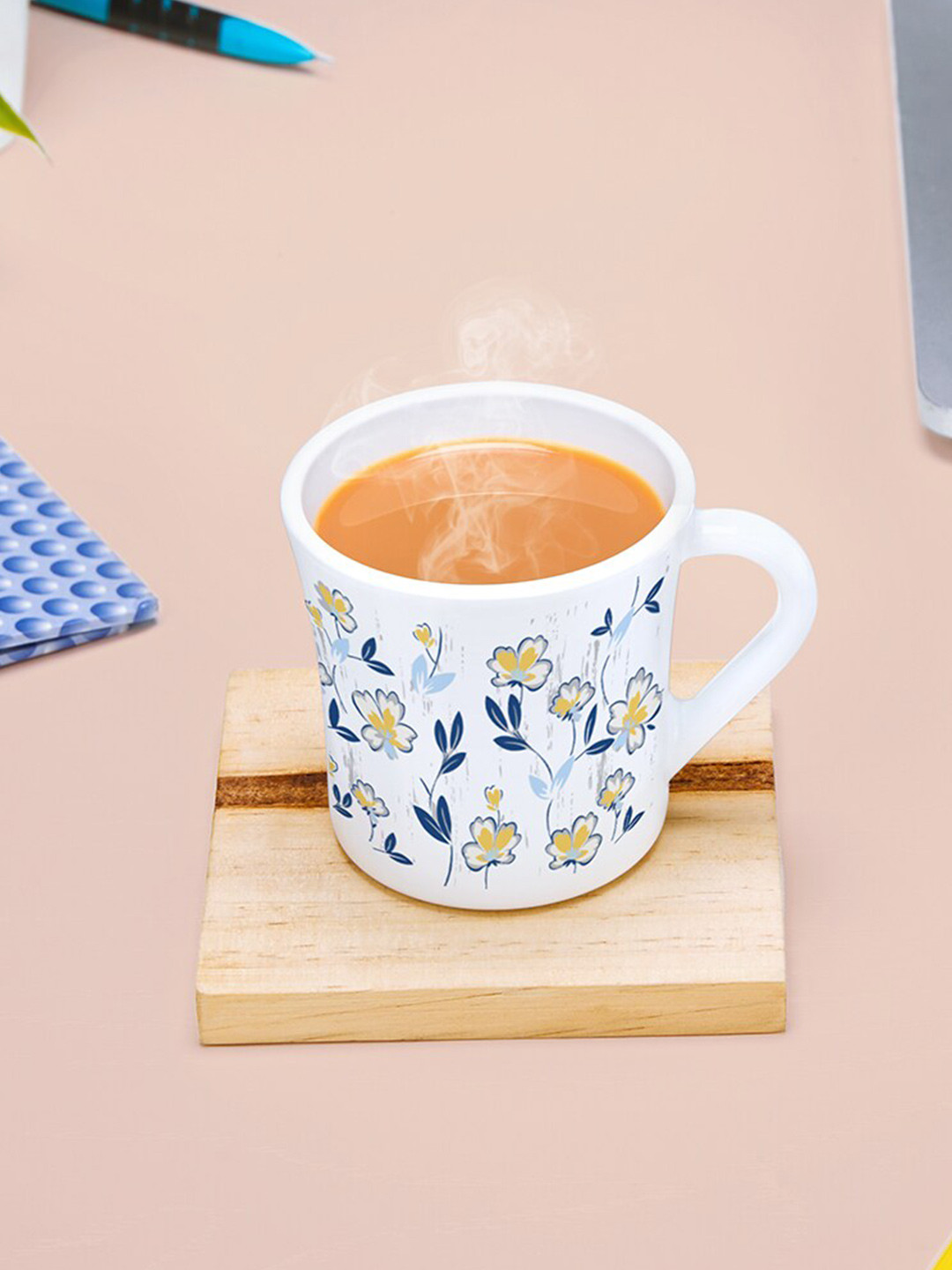 Larah by BOROSIL Amara 6 Pcs White & Blue Floral Printed Opalware Matte Mugs - 160 ML Each