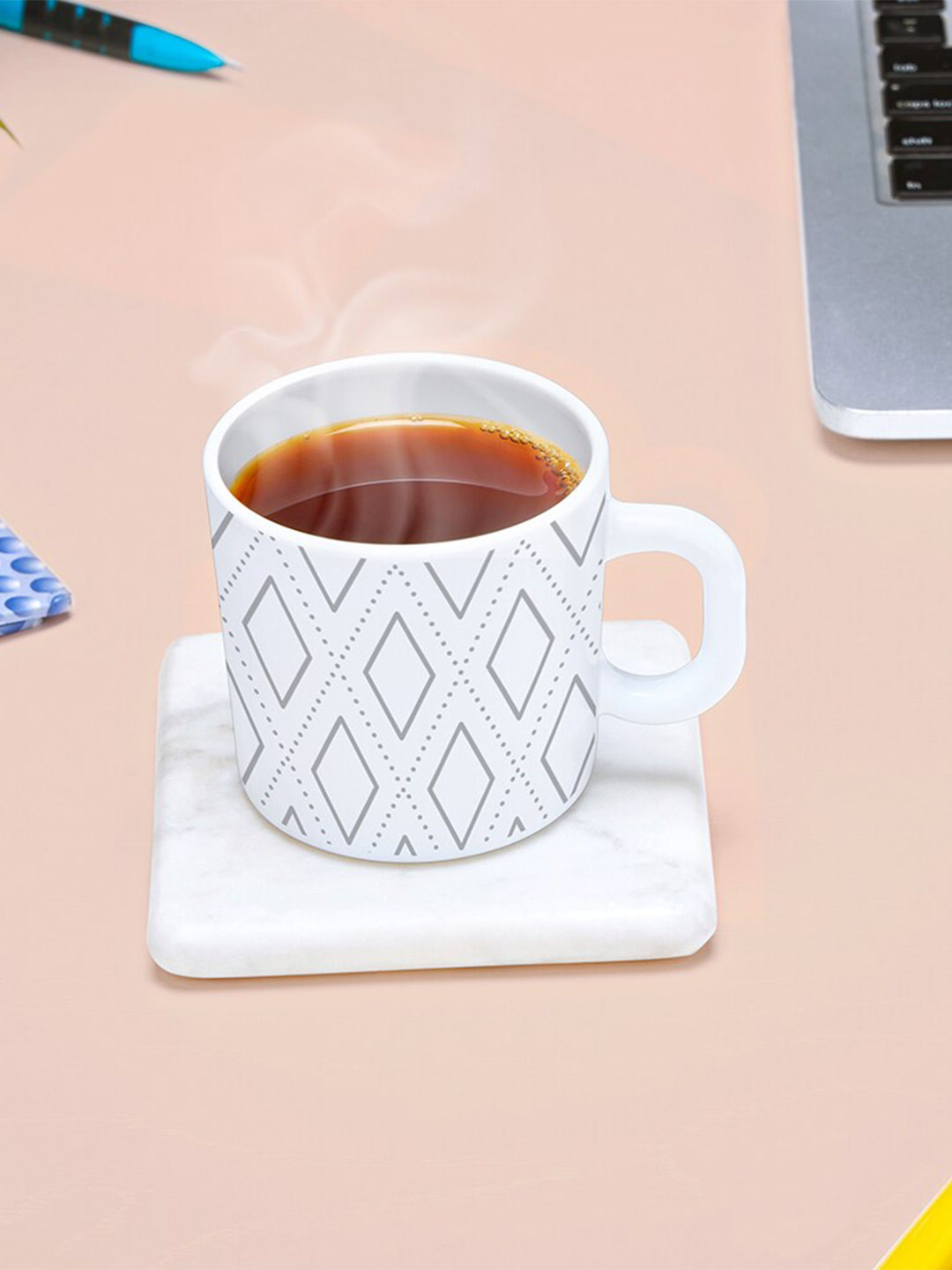 Larah by BOROSIL Angel White & Grey 6 Pieces Geometric Opalware Glossy Mugs 180 ml Each