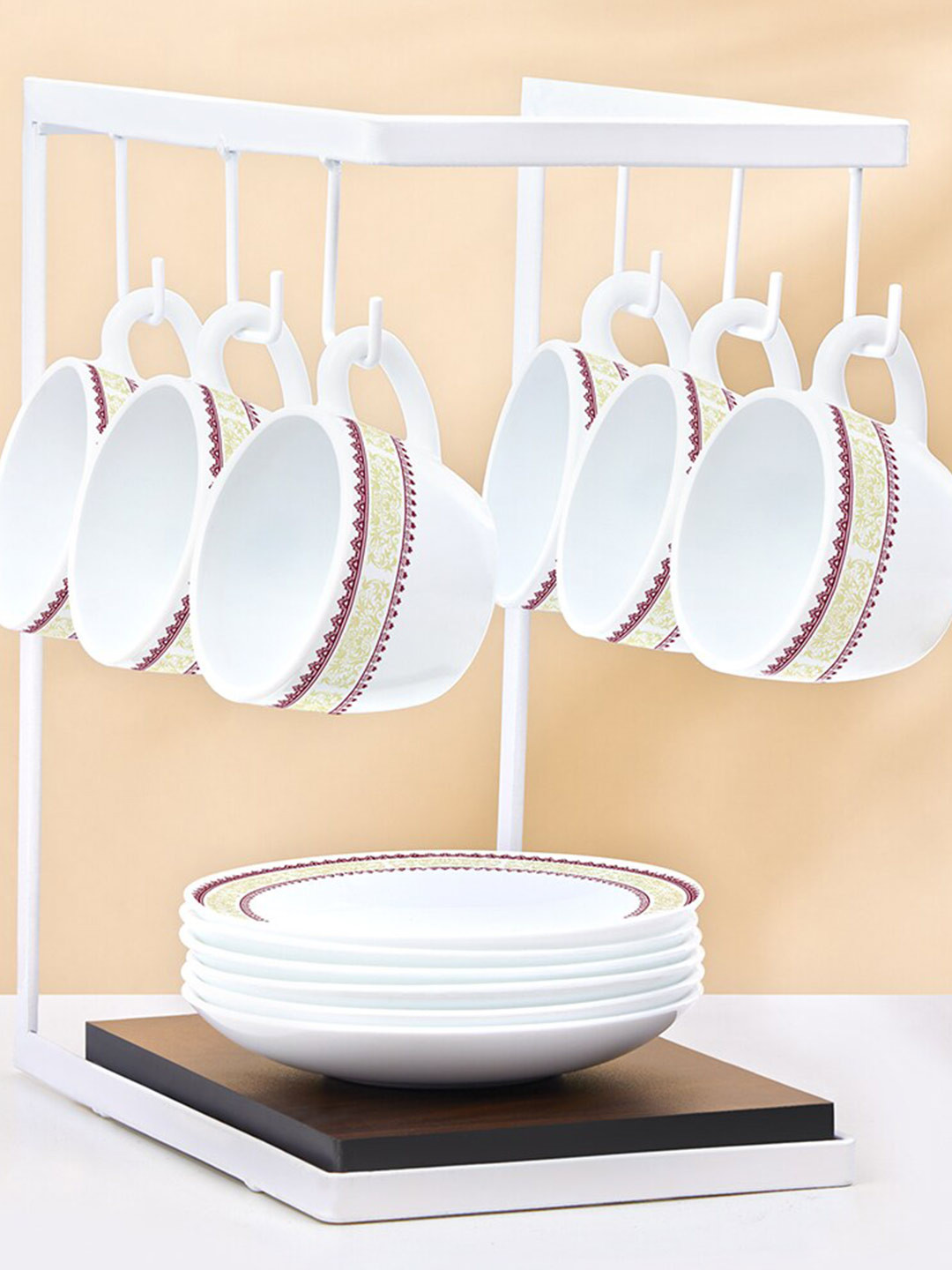 Larah by BOROSIL Elega White 12 Pieces Ethnic Motifs Opalware Matte Cups & Saucers 140ml