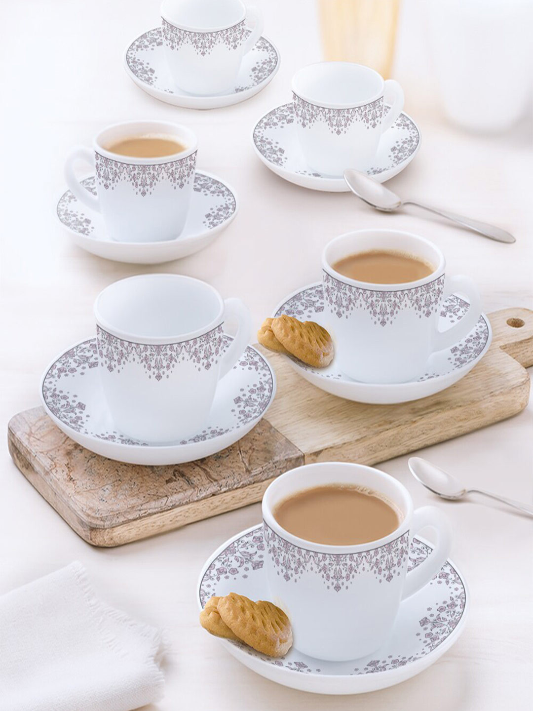 Larah by BOROSIL Lark White 12 Pieces Floral Opalware Glossy Cups & Saucers 140 ml