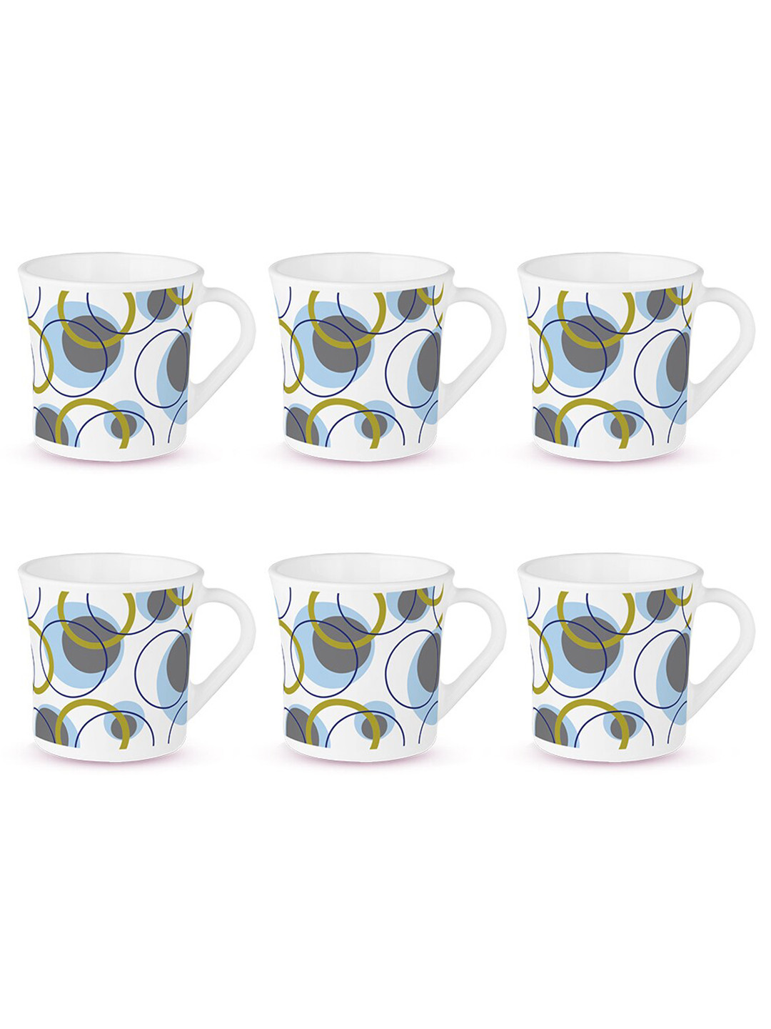 Larah by BOROSIL Nola White & Blue 6 Pieces Printed Opalware Matte Mugs 160ml Each