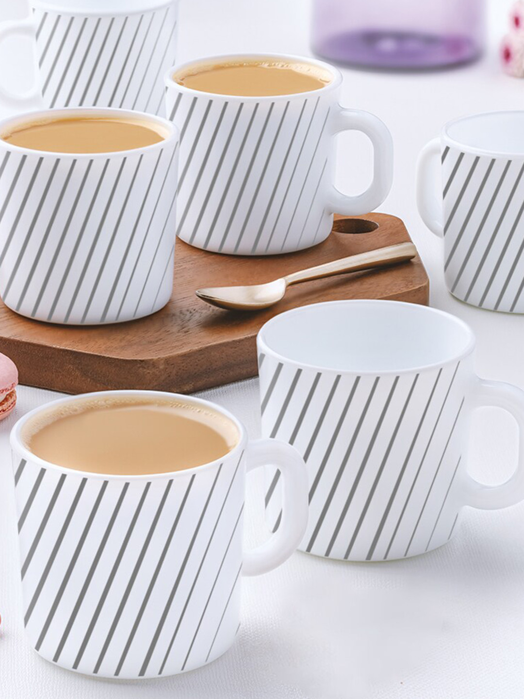 Larah by BOROSIL Ranjan Name Personalised White Striped Opalware Microwave Safe 6 Piece Mugs-180ml