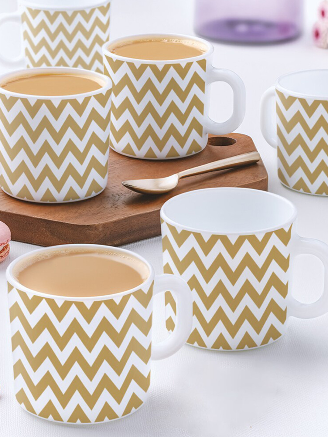 Larah by BOROSIL Charismatic Peacock Beige Chevron Opalware Handmade 6 Piece Mugs-180ml