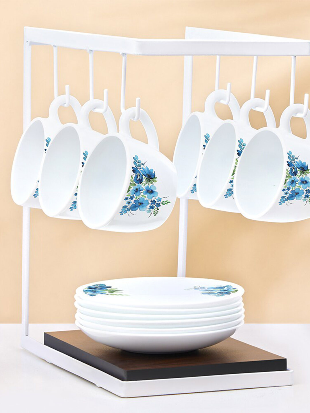 Larah by BOROSIL Pansy White & Blue 12 Pieces Printed Opalware Matte Mugs 140 ml Each