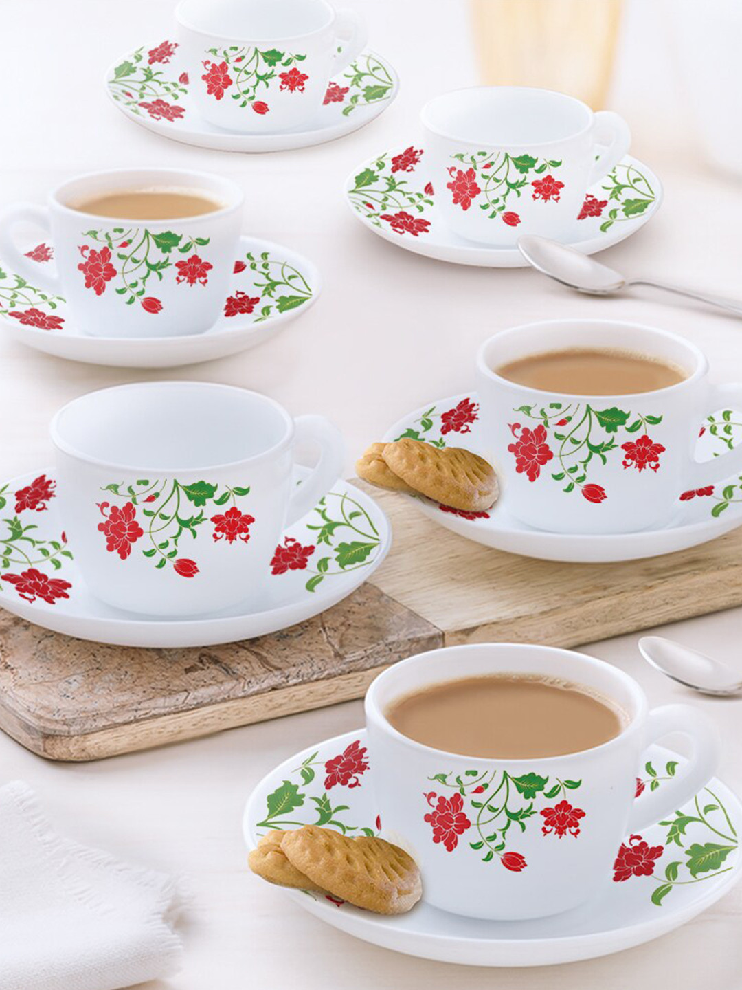 Larah by BOROSIL Hazel White & Red 12 Pieces Printed Opalware Matte Mugs 140 ml Each