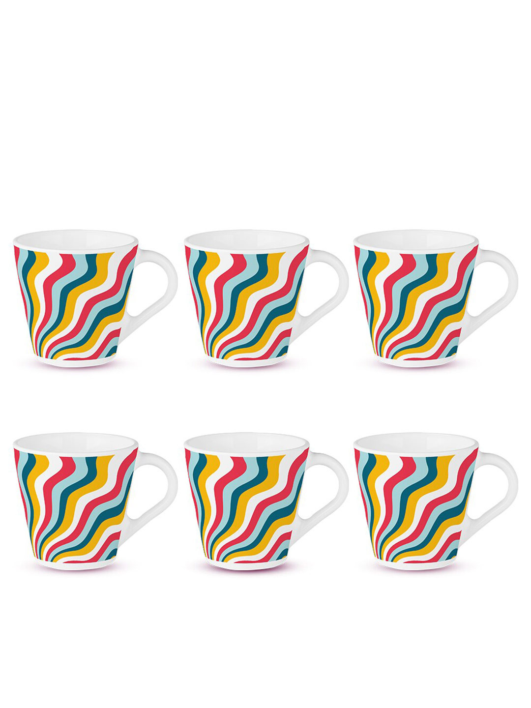 Larah by BOROSIL Kroma White & Yellow 6 Pieces Printed Opalware Matte Mugs 160 ml Each