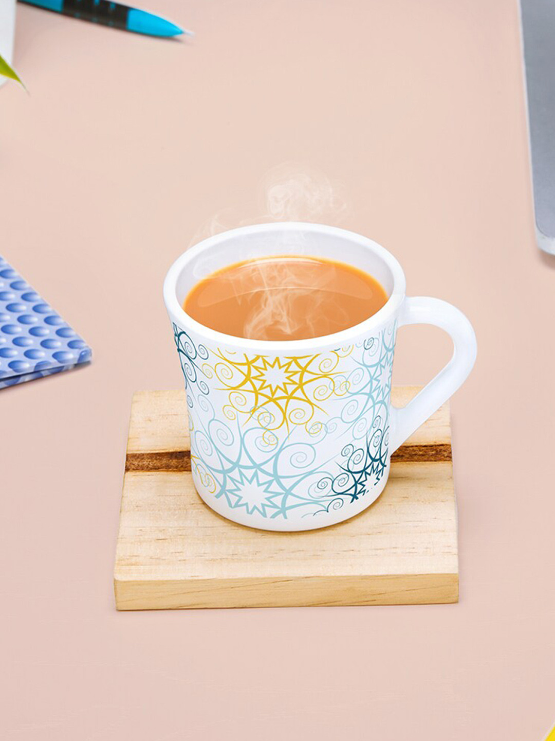 Larah by BOROSIL Maya White & Blue 6 Pieces Printed Opalware Glossy Mugs 160 ml Each